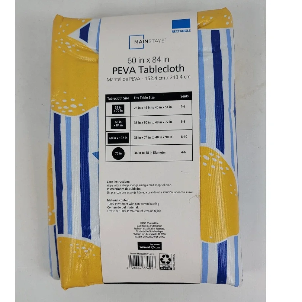 Mainstays Lemon Striped PEVA Tablecloth 60 x 84 Rectangle Blue Yellow White